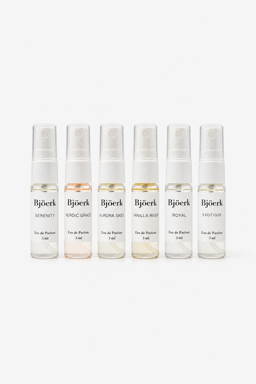 Bjöerk Discovery Kit First Release – 6 x 3 ml parfymtesters: Serenity, Aurora Skies, Royal, Exotique, Nordic Grace och Vanilla River.