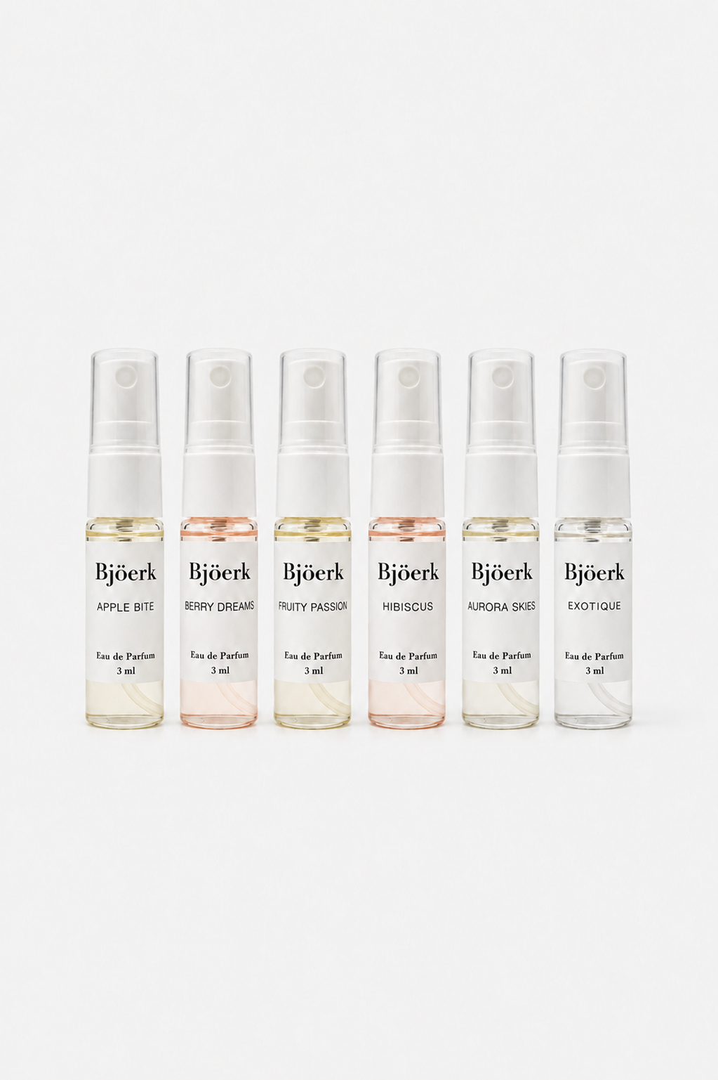 Bjöerk Summer Discovery Kit – 6 x 3ml parfymtesters inspirerade av populära märkesparfymer. Apple Bite, Berry Dreams, Fruity Passion, Hibiscus, Aurora Skies & Exotique.